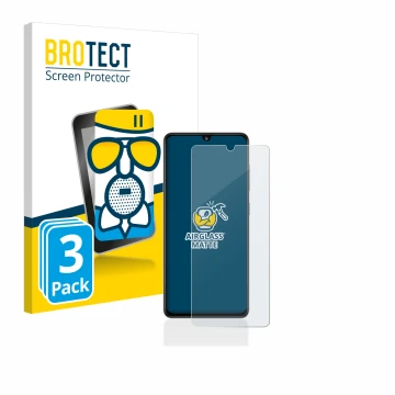 Parte frontal de un envase de producto con el logotipo de la marca BROTECT. Al lado se muestra el dispositivo Samsung Galaxy A
