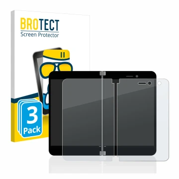 Parte frontal de un envase de producto con el logotipo de la marca BROTECT. Al lado se muestra el dispositivo Microsoft Surfac