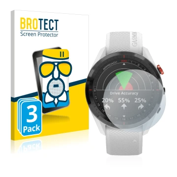 Parte frontal de un envase de producto con el logotipo de la marca BROTECT. Al lado se muestra el dispositivo Garmin Approach 