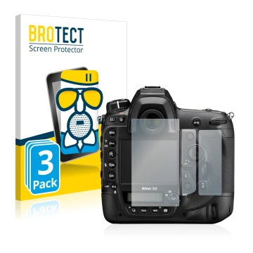 Parte frontal de un envase de producto con el logotipo de la marca BROTECT. Al lado se muestra el dispositivo Nikon D6 con su 