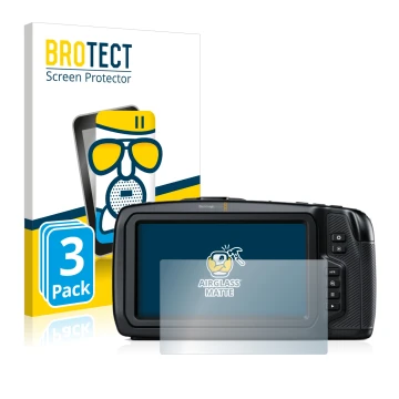 Parte frontal de un envase de producto con el logotipo de la marca BROTECT. Al lado se muestra el dispositivo Blackmagic Pocke