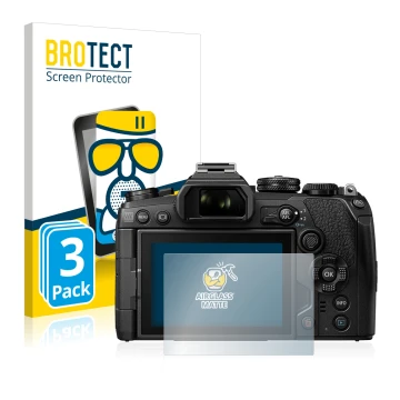 Parte frontal de un envase de producto con el logotipo de la marca BROTECT. Al lado se muestra el dispositivo Olympus OM-D E-M