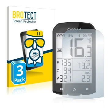 Parte frontal de un envase de producto con el logotipo de la marca BROTECT. Al lado se muestra el dispositivo Cycplus M1 2.9