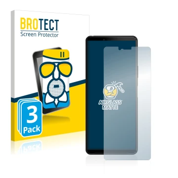 Parte frontal de un envase de producto con el logotipo de la marca BROTECT. Al lado se muestra el dispositivo Sony Xperia 10 I