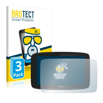 Parte frontal de un envase de producto con el logotipo de la marca BROTECT. Al lado se muestra el dispositivo TomTom Go Profes
