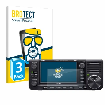 Parte frontal de un envase de producto con el logotipo de la marca BROTECT. Al lado se muestra el dispositivo Icom IC-705 con 