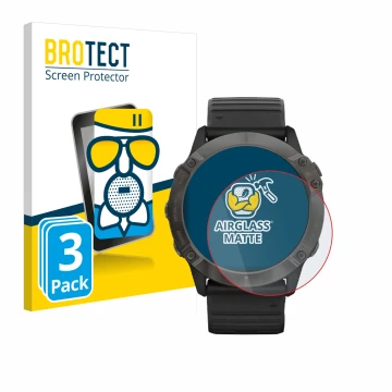 Parte frontal de un envase de producto con el logotipo de la marca BROTECT. Al lado se muestra el dispositivo Garmin Fenix 6X 
