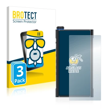 Parte frontal de un envase de producto con el logotipo de la marca BROTECT. Al lado se muestra el dispositivo FiiO M15 con su 