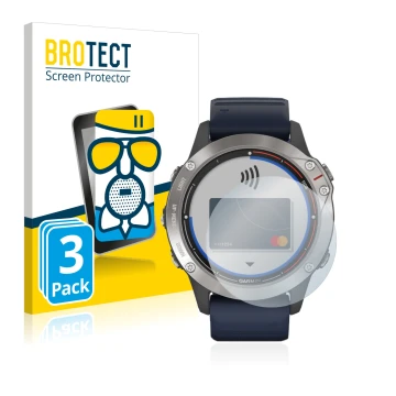 Parte frontal de un envase de producto con el logotipo de la marca BROTECT. Al lado se muestra el dispositivo Garmin quatix 6 