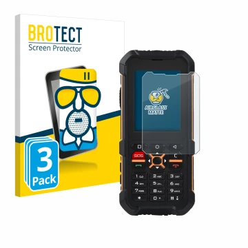 Parte frontal de un envase de producto con el logotipo de la marca BROTECT. Al lado se muestra el dispositivo RugGear RG170 co