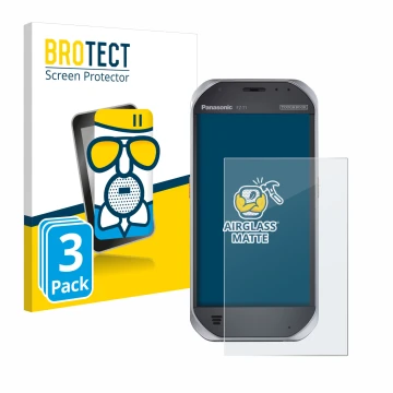 Parte frontal de un envase de producto con el logotipo de la marca BROTECT. Al lado se muestra el dispositivo Panasonic Toughb