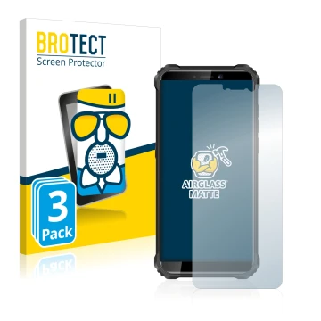 Parte frontal de un envase de producto con el logotipo de la marca BROTECT. Al lado se muestra el dispositivo Oukitel WP5 con 