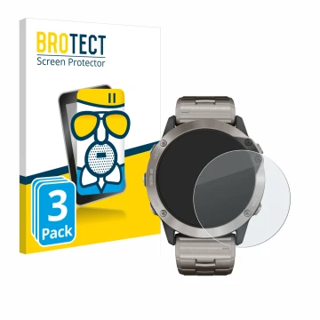 Parte frontal de un envase de producto con el logotipo de la marca BROTECT. Al lado se muestra el dispositivo Garmin quatix 6x