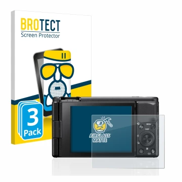 Parte frontal de un envase de producto con el logotipo de la marca BROTECT. Al lado se muestra el dispositivo Sony ZV-1 con su