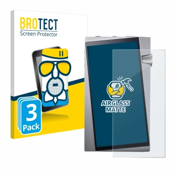 Parte frontal de un envase de producto con el logotipo de la marca BROTECT. Al lado se muestra el dispositivo Astell&Kern A&no