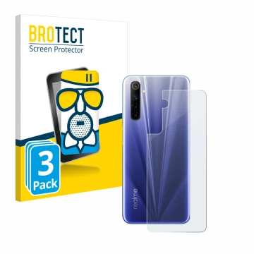Parte frontal de un envase de producto con el logotipo de la marca BROTECT. Al lado se muestra el dispositivo realme 6 (Traser