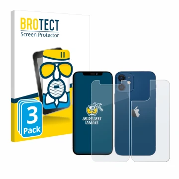 Parte frontal de un envase de producto con el logotipo de la marca BROTECT. Al lado se muestra el dispositivo Apple iPhone 12 