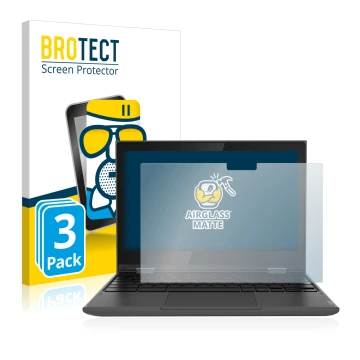 Parte frontal de un envase de producto con el logotipo de la marca BROTECT. Al lado se muestra el dispositivo Lenovo 300e (2da