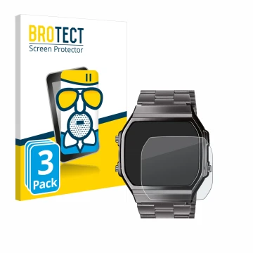 Parte frontal de un envase de producto con el logotipo de la marca BROTECT. Al lado se muestra el dispositivo Casio A168WEGG-1