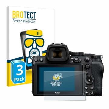 Parte frontal de un envase de producto con el logotipo de la marca BROTECT. Al lado se muestra el dispositivo Nikon Z 5 con su