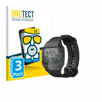 Parte frontal de un envase de producto con el logotipo de la marca BROTECT. Al lado se muestra el dispositivo Huami Amazfit Ne