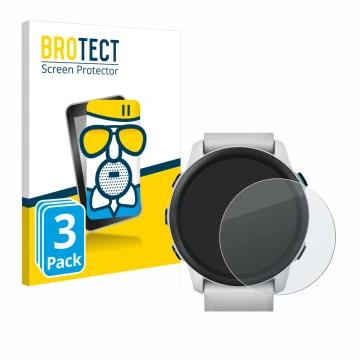 Parte frontal de un envase de producto con el logotipo de la marca BROTECT. Al lado se muestra el dispositivo Garmin Forerunne