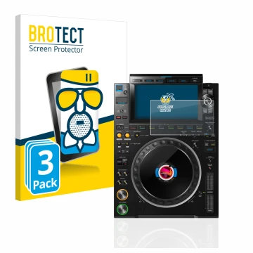 Parte frontal de un envase de producto con el logotipo de la marca BROTECT. Al lado se muestra el dispositivo Pioneer CDJ 3000