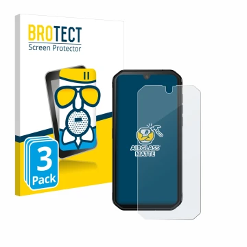 Parte frontal de un envase de producto con el logotipo de la marca BROTECT. Al lado se muestra el dispositivo Blackview BV9900