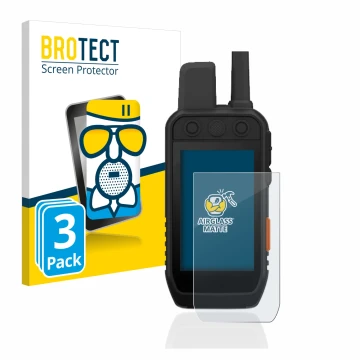 Parte frontal de un envase de producto con el logotipo de la marca BROTECT. Al lado se muestra el dispositivo Garmin Alpha 200