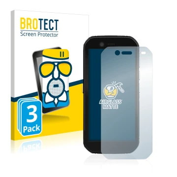 Parte frontal de un envase de producto con el logotipo de la marca BROTECT. Al lado se muestra el dispositivo Caterpillar Cat 
