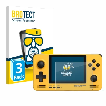 Parte frontal de un envase de producto con el logotipo de la marca BROTECT. Al lado se muestra el dispositivo Retroid Pocket 2