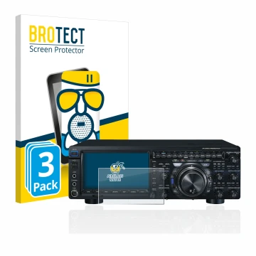 Parte frontal de un envase de producto con el logotipo de la marca BROTECT. Al lado se muestra el dispositivo Yaesu FT-DX101D 