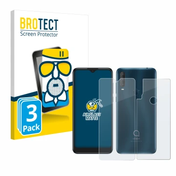 Parte frontal de un envase de producto con el logotipo de la marca BROTECT. Al lado se muestra el dispositivo Alcatel 1S 2020 