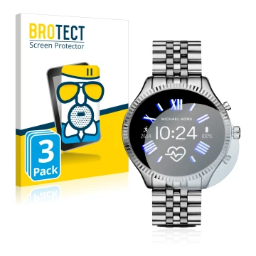 Parte frontal de un envase de producto con el logotipo de la marca BROTECT. Al lado se muestra el dispositivo Michael Kors Acc