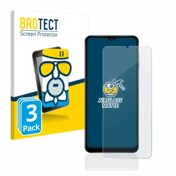 Parte frontal de un envase de producto con el logotipo de la marca BROTECT. Al lado se muestra el dispositivo Samsung Galaxy A