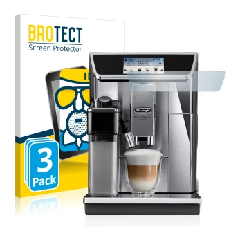Parte frontal de un envase de producto con el logotipo de la marca BROTECT. Al lado se muestra el dispositivo DeLonghi PrimaDo