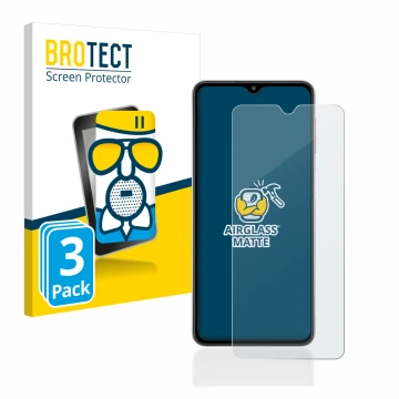 Parte frontal de un envase de producto con el logotipo de la marca BROTECT. Al lado se muestra el dispositivo Samsung Galaxy A