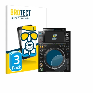 Parte frontal de un envase de producto con el logotipo de la marca BROTECT. Al lado se muestra el dispositivo Pioneer CDJ 3000