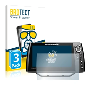 Parte frontal de un envase de producto con el logotipo de la marca BROTECT. Al lado se muestra el dispositivo Humminbird Helix