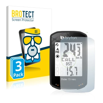 Parte frontal de un envase de producto con el logotipo de la marca BROTECT. Al lado se muestra el dispositivo Bryton Rider 15 