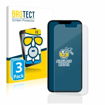 Parte frontal de un envase de producto con el logotipo de la marca BROTECT. Al lado se muestra el dispositivo Apple iPhone 13 