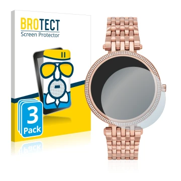 Parte frontal de un envase de producto con el logotipo de la marca BROTECT. Al lado se muestra el dispositivo Michael Kors Acc