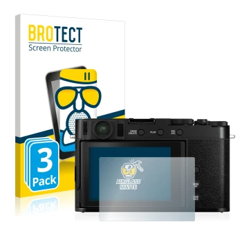 Parte frontal de un envase de producto con el logotipo de la marca BROTECT. Al lado se muestra el dispositivo Fujifilm X-E4 co