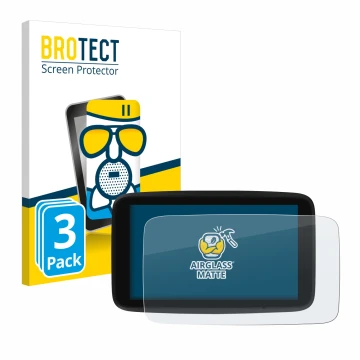 Parte frontal de un envase de producto con el logotipo de la marca BROTECT. Al lado se muestra el dispositivo TomTom GO Discov