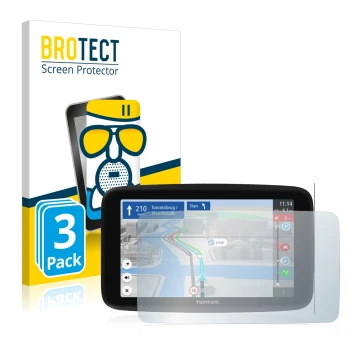 Parte frontal de un envase de producto con el logotipo de la marca BROTECT. Al lado se muestra el dispositivo TomTom GO Discov
