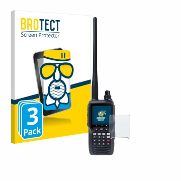Parte frontal de un envase de producto con el logotipo de la marca BROTECT. Al lado se muestra el dispositivo Yaesu FTA-550 co