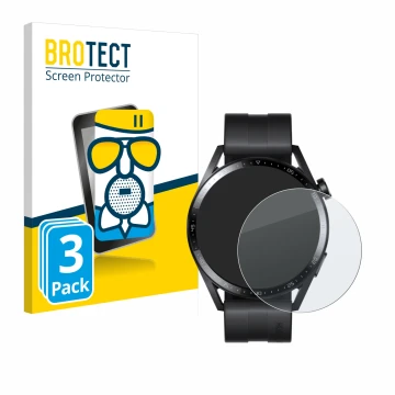 Parte frontal de un envase de producto con el logotipo de la marca BROTECT. Al lado se muestra el dispositivo Huawei Watch GT 