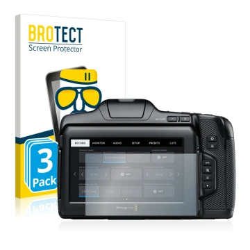 Parte frontal de un envase de producto con el logotipo de la marca BROTECT. Al lado se muestra el dispositivo Blackmagic Pocke
