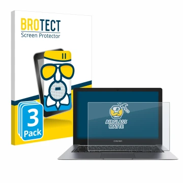 Parte frontal de un envase de producto con el logotipo de la marca BROTECT. Al lado se muestra el dispositivo Chuwi HeroBook P