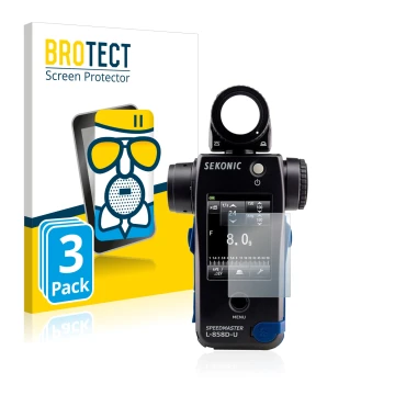 Parte frontal de un envase de producto con el logotipo de la marca BROTECT. Al lado se muestra el dispositivo Sekonic L858D co